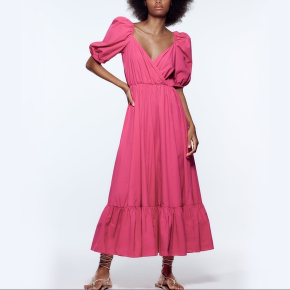 ZARA Puff Sleeves Midi Dress - Picture 4 of 13